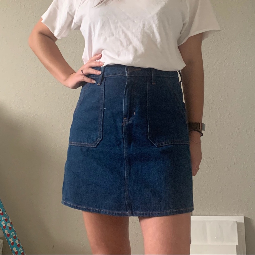 High Waist Pocket Detail Dark Wash Denim Skirt